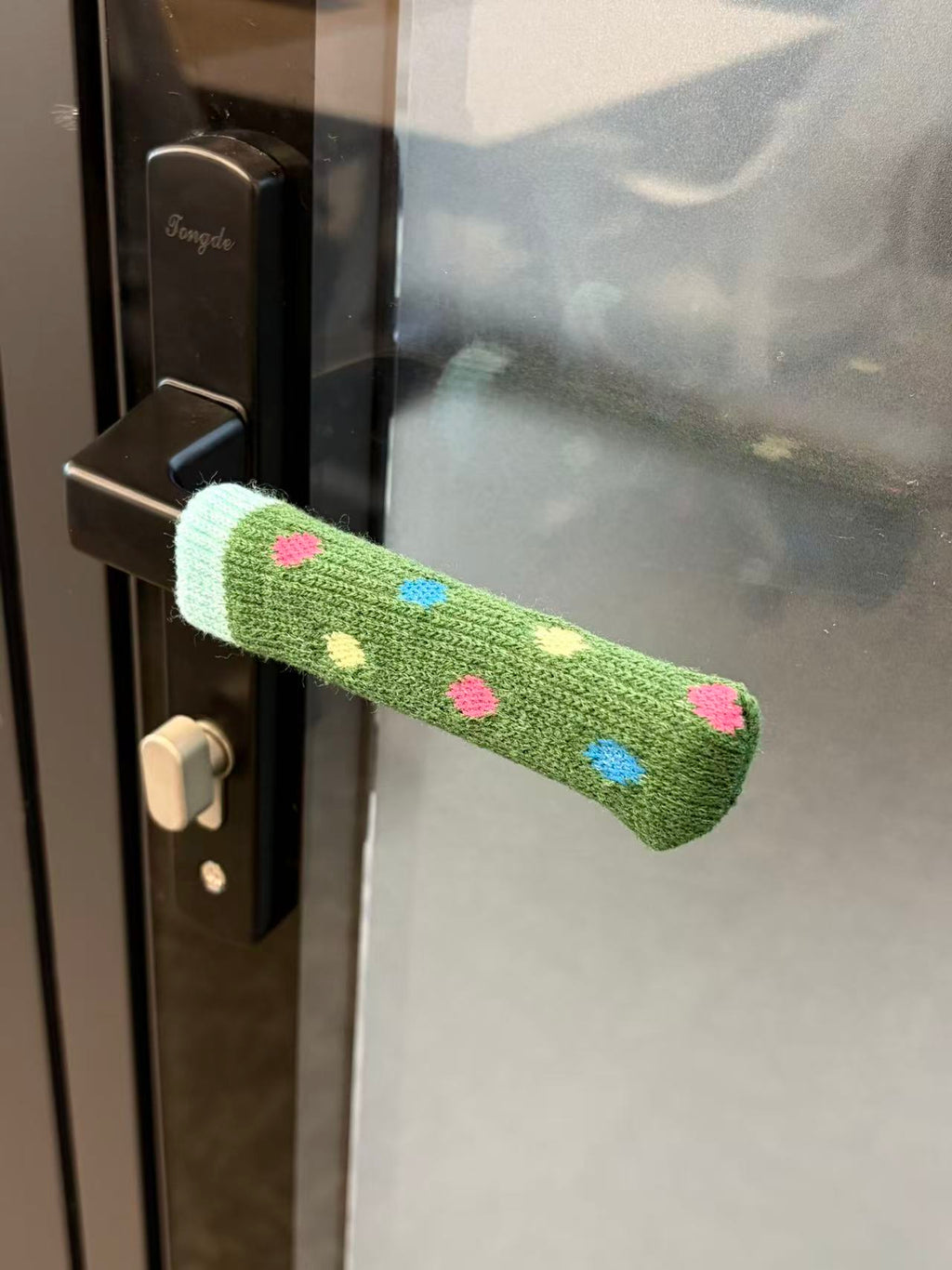 Handlush Green Polka Dot Knit Handle Sleeve, Patterned Fabric Cover for Door & Cabinet Handles